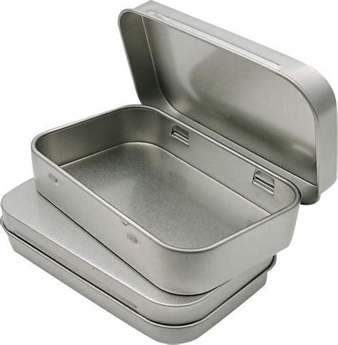 small metal boxes with lids|metals containers with hinged lids.